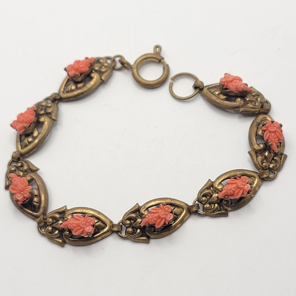 Antique Vintage Art Deco Pink Molded Celluloid Floral Brass Bracelet 8in